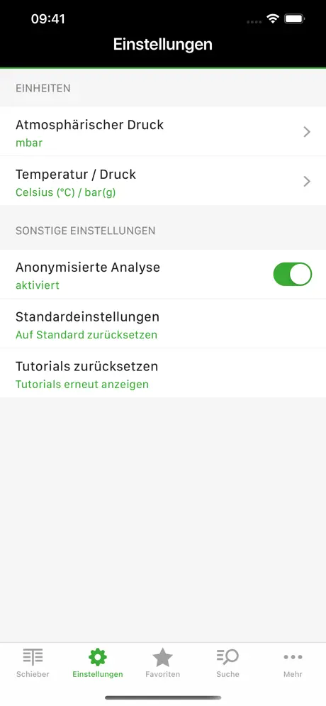 Einstellungen für Einheiten von atmosphärischem Druck, Temperatur und Druck sowie sonstige Optionen.