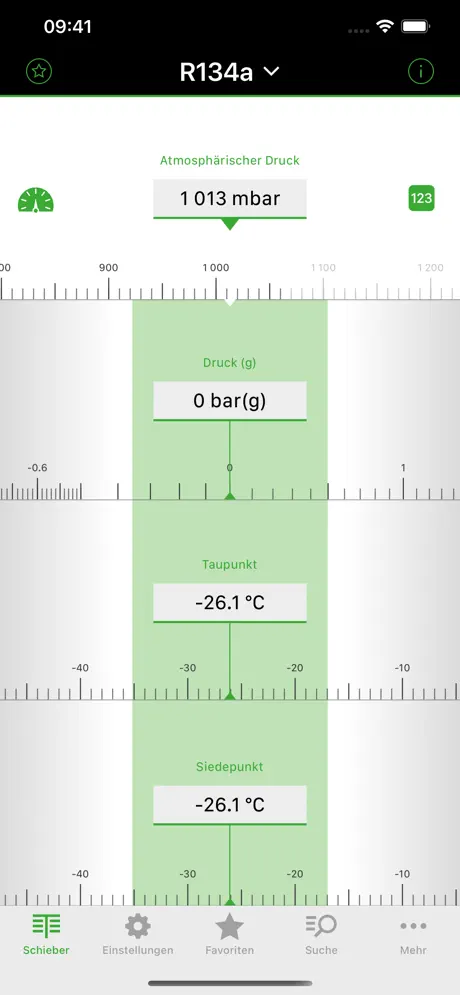 Bereich „Mehr“ mit Kältemittel-Report, EU-F-Gase-Verordnung, weiteren BITZER-Apps und Informationen zur App.