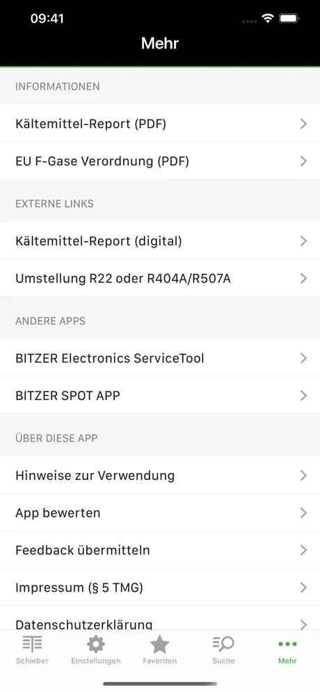 Schieber-Ansicht für R134a: Skalen für atmosphärischen Druck, Druck, Taupunkt und Siedepunkt mit grün markiertem Messbereich.