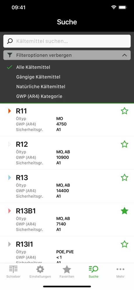 Suche nach Kältemitteln mit Filtern für gängige, natürliche Kältemittel und GWP-Kategorie, darunter R11, R12 und R13 mit Öltyp, GWP und Sicherheitsgruppe.