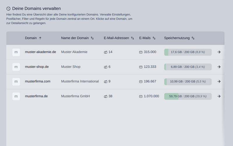 Domainübersicht in DGTL.HERMES mit Adressen, E-Mail-Aufkommen und Speichernutzung je Domain