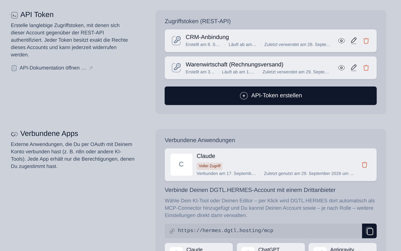 API-Tokens und per MCP verbundene Apps wie Claude in DGTL.HERMES