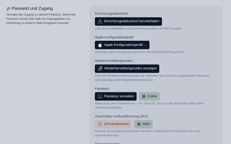 Zugangseinstellungen in DGTL.HERMES mit Passkeys, Zwei-Faktor-Authentifizierung und Wiederherstellungscodes