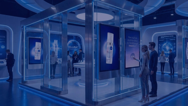Gläserner Messestand in blauem Licht: Bildschirme zeigen NIVEA Cellular Epigenetics, ein Paar beantwortet am Touchscreen die Quizfrage „How much do you know about our breakthrough innovation?“.