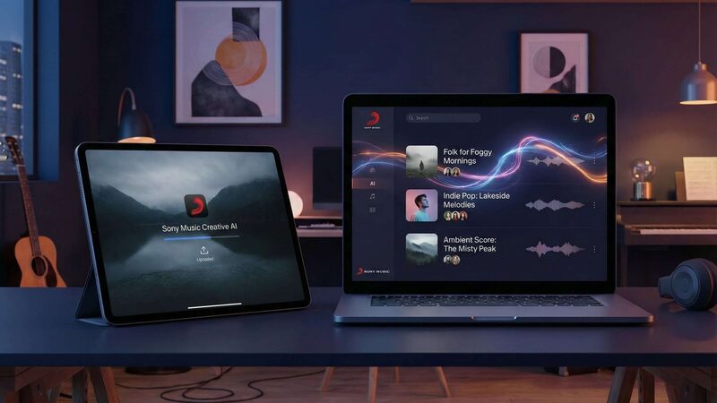 Tablet und Laptop auf einem Schreibtisch in einem abendlichen Musikzimmer: Das Tablet zeigt den Upload in „Sony Music Creative AI“, der Laptop eine Auswahl passender Playlists wie „Folk for Foggy Mornings“ und „Ambient Score: The Misty Peak“.